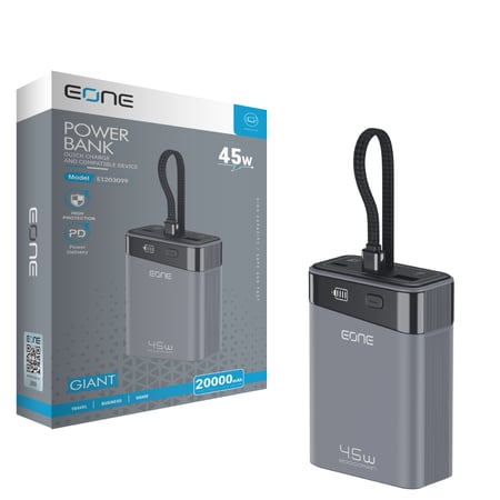 إي ون باور بنك  GLANT سعة 20000mAh  بقوة 45 واط مع كيبل مدمج وقوة 45 واط - تتيتانيوم