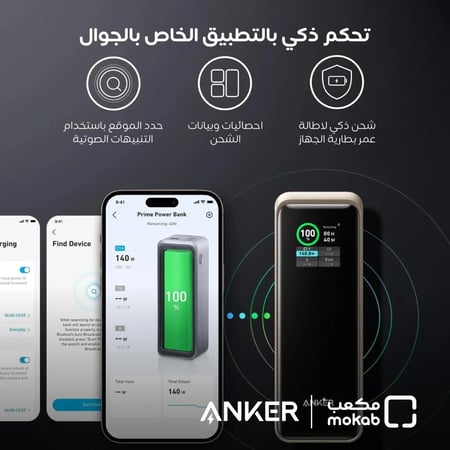 أنكر شاحن متنقل بسعة 27650 ملي أمبير بمنفذ تايب سي ومنفذ يو اس بي بقوة 250 واط  - أسود