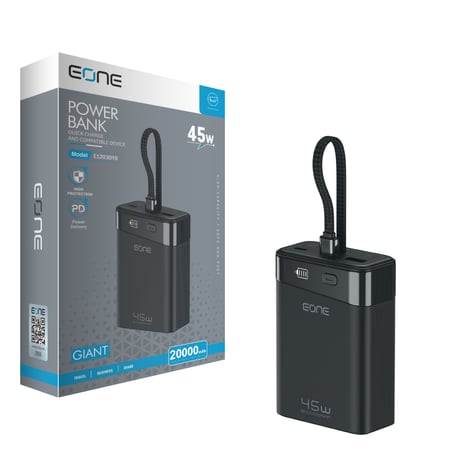إي ون باور بنك  GLANT سعة 20000mAh  بقوة 45 واط مع كيبل مدمج وقوة 45 واط - أسود