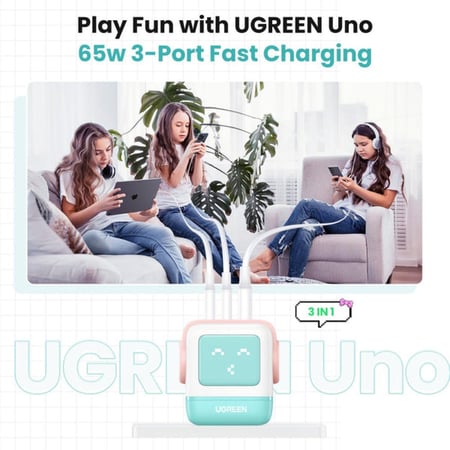 يوجرين UGREEN - شاحن جداري Nexode RG بتقنية GaN للشحن السريع بمنفذين USB-C ومنفذ USB-A بقوة 65W- ازرق/وردي