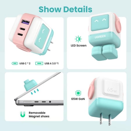 يوجرين UGREEN - شاحن جداري Nexode RG بتقنية GaN للشحن السريع بمنفذين USB-C ومنفذ USB-A بقوة 65W- ازرق/وردي