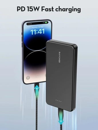 بطارية راف باور 10000 ملي امبير بمنفذ تايب سي ومنفذ مايكرو ومنفذ USB بقوة 15 واط