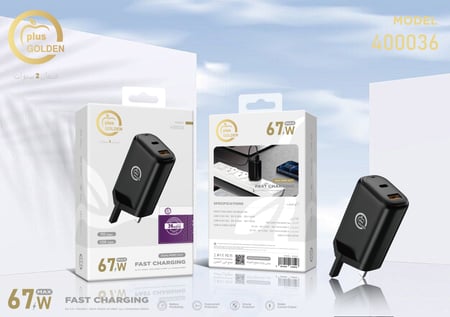 شاحن سريع بقدرة 67 واط بمنفذين PD + USB من Plus Golden