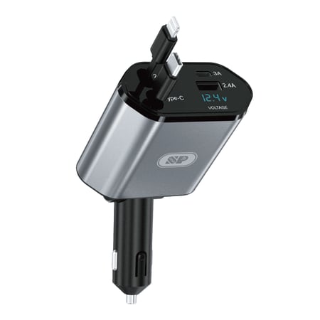 شاحن سيارة القابل للسحب بكابلين للشحن لايتنينغ وتايب سي مع منفذين يو إس بي وتايب سي 120 واط