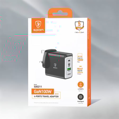 شاحن سفر GaN فائق السرعة من SPON بقدرة 100 واط - 4 منافذ