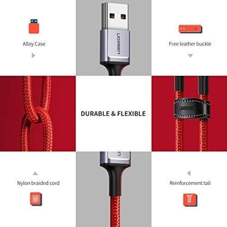 UGREEN - كيبل سلك شحن USB-A إلى USB-C - قماش - 1 متر - (أحمر)