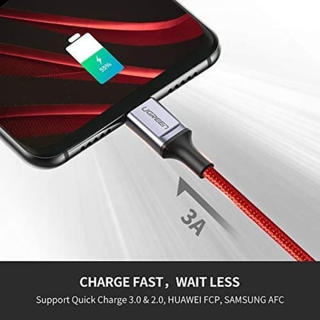 UGREEN - كيبل سلك شحن USB-A إلى USB-C - قماش - 1 متر - (أحمر)