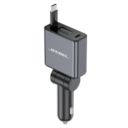 شاحن سيارة سريع 60 واط بكيبل مدمج USB-C قابل للسحب ومنفذ تايب سي