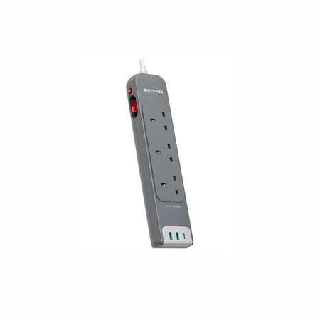 توصيلة راف باور 3 منافذ طاقة ومنفذين USB-A ومنفذ USB-C بطول 3 متر - رمادي