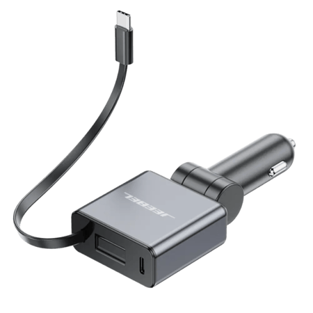 شاحن سيارة سريع 60 واط بكيبل مدمج USB-C قابل للسحب ومنفذ تايب سي