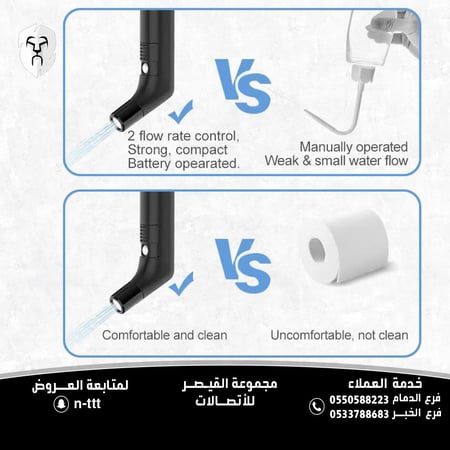 شطاف بيديه كهربائي محمول مع خرطوم بطول 1.2 متر وحاوية سعة 2.3 لتر - حل قابل لإعادة الشحن، صغير الحجم، ومتعدد الاستخدامات للنظافة الشخصية للسفر والمنزل ورعاية الأطفال والتخييم والمزيد، لون أسود