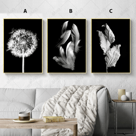 لوحات فنية دارك ارت ريش واوراق شجر بخلفية سوداء