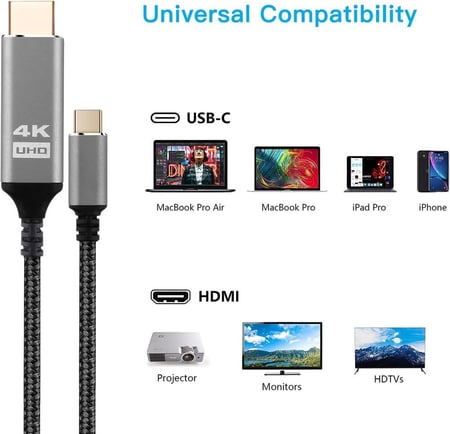 هوكوول كيبل USB C الى HDMI نوع C الى HDMI 4K مضفر بالنايلون بطول 6 قدم 1.8 متر سلك نحاسي نقي عالي السرعة لماك بوك برو وماك بوك اير وايباد برو وبيكسل بوك واكس بي اس وجالكسي وثاندربولت 3