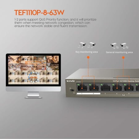 TEF1110P-8-63W محول مكتبي 10 منافذ بسرعة 10-100 ميجابت في الثانية
