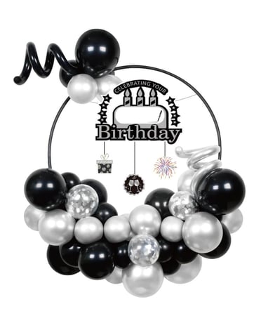 قوس بالونات 49 قطعة بالون فضي و اسود تغريسة عيد ميلاد Balloon Arch 49pcs Silver and Black Balloons Birthday Party Decorations