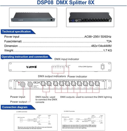 سبليتير 8 منافذ موزع 8 Channel DMX Splitter for Stage Lights Signal Amplifier 8 Way DMX Splitter 8 Port DMX Splitter