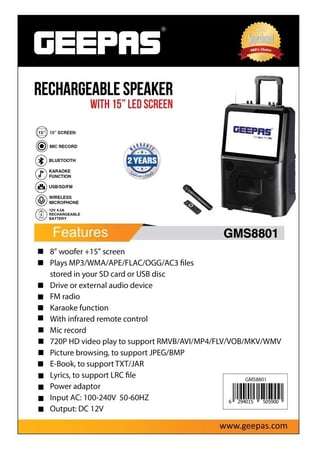 سماعة صوت جيباس قابل للشحن مع شاشة 14 بوصة LED أسود Geepas Rechargeable Speaker with 14 Inch LED Screen Black