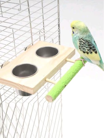 حامل خشبي مزدوج مع أوعية مقاومة للفولاذ للطيور