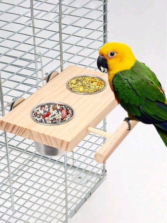 حامل خشبي مزدوج مع أوعية مقاومة للفولاذ للطيور