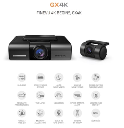 كاميرا سيارة أمامية وخلفية FineVu GX4K | داش كام 4K ذكية مع ADAS ورؤية ليلية - بجودة تصوير 4K + كيبل فيوزات + ذاكرة ١٢٨