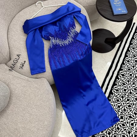 فستان سهره كم طويل خصر مطرز شغل يد