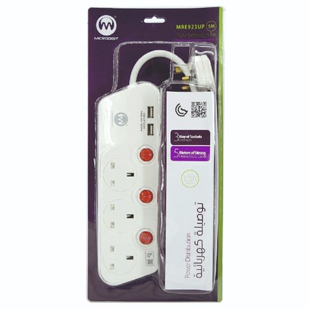 توصيلة كهرباء ثلاثية المداخل + مدخلين USB - ثلاثة متر