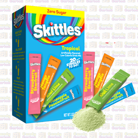 مسحوق مشروب سكيتلز بنكهات الفواكة الاستوائية خالي من السكر 20 كيس  54.4 جرام مستورد امريكا Skittles Singles To Go Zero Sugar Tropical Variety Pack 54.4G