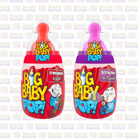 بازوكا بيج بيبي بوب حلوى  بنكهة الفراولة والكشمش أسود 32 جرام حبة عشوائية  Bazooka Big Baby Pop Strawberry and Currency Candy  32G