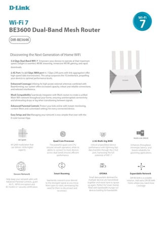 دي لينك DIR-BE364K راوتر لاسلكي BE 3600 Wi-Fi 7 ثنائي النطاق 2.4 جيجا هرتز/5 جيجا هرتز