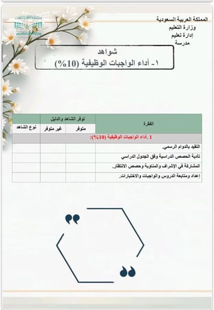 سجل توثيق شواهد الأداء  بتقسيمات وبنود فرعية