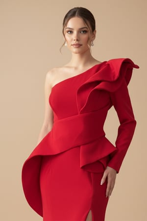 فستان سهرة طويل لون أحمر بكتف واحد