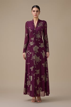 فستان طويل بنفسجي بطبعة ورد