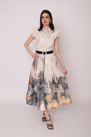 فستان ميدي أنيق بطبعة ورد لون رمادي