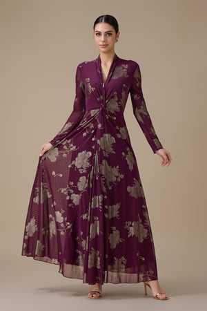 فستان طويل بنفسجي بطبعة ورد