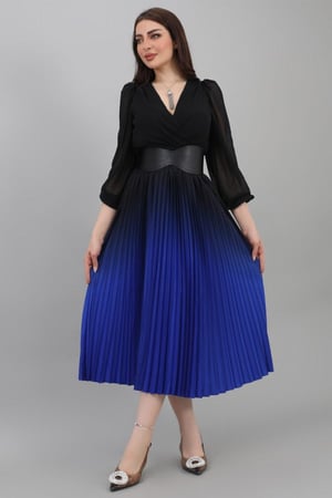 فستان بليسيه مموج اللون بحزام لون اسود مع نيلي