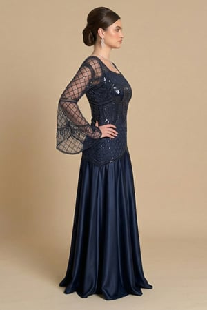 فستان سهرة طويل كحلي ساتان