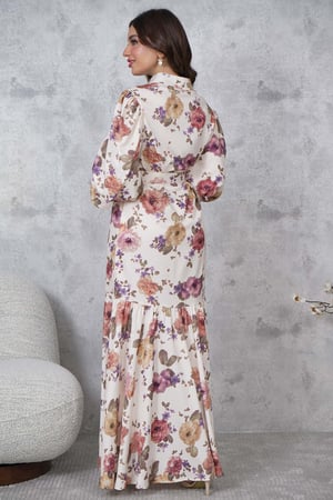 فستان ماكسي بطبعة أزهار لون بيج