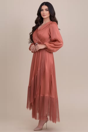 فستان ساتان لامع باطراف هدب لون طوبي