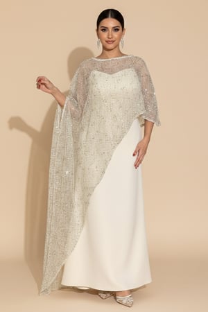 فستان طويل بيج فاتح بكاب مطرز