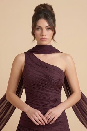 فستان تفتة عنابي طويل بكتف واحد