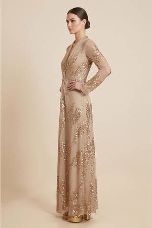 فستان سهرة ذهبي طويل مطرز بالترتر