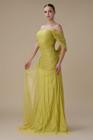 فستان دانتيل اوف شولدر بلون ليموني