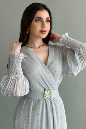 فستان ميدي بلاسيه نمط منقط لون رصاصي