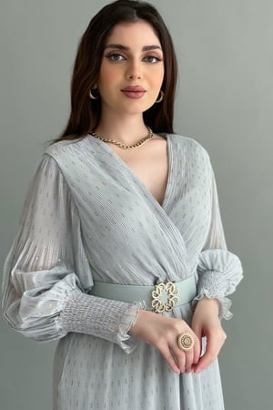 فستان ميدي بلاسيه نمط منقط لون رصاصي