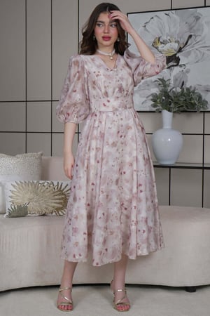 فستان ميدي مشجر بأكمام بف