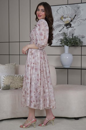 فستان ميدي مشجر بأكمام بف