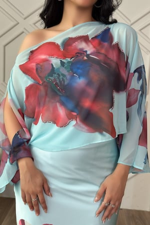 فستان قطعتين ساتان بطبعة أزهار لون أزرق