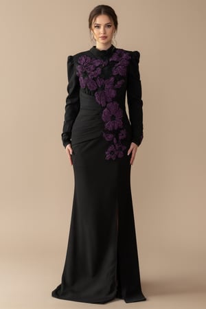 فستان طويل موف بتطريز زهور