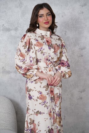 فستان ماكسي بطبعة أزهار لون بيج