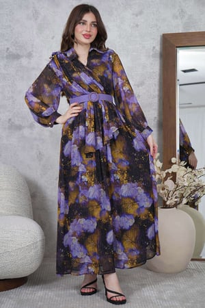 فستان ماكسي بنمط أزهار لون بنفسجي